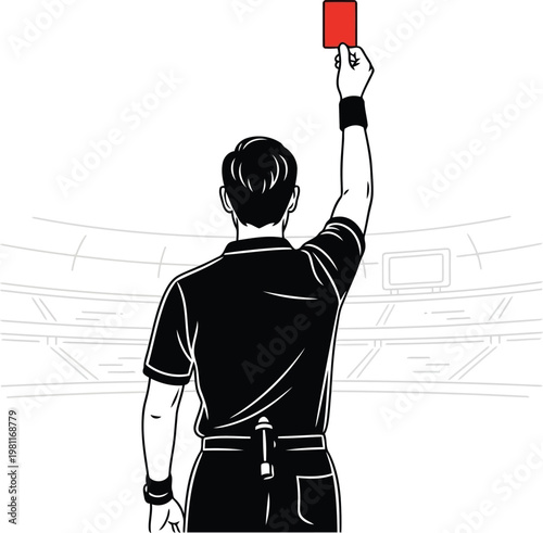 A soccer referee showing a red card to a player during a match in a stadium illustration.
