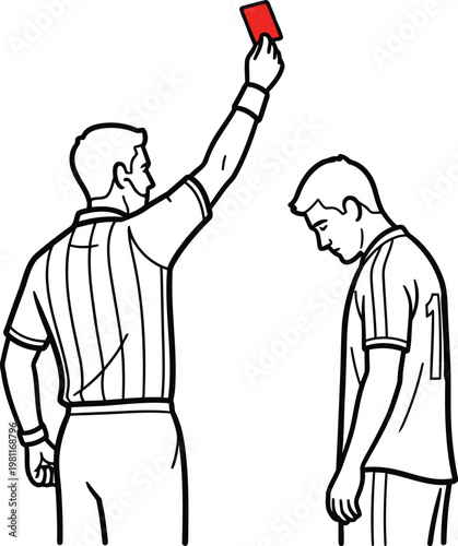 A referee in a striped shirt shows a red card to a disappointed soccer player in a line drawing.
