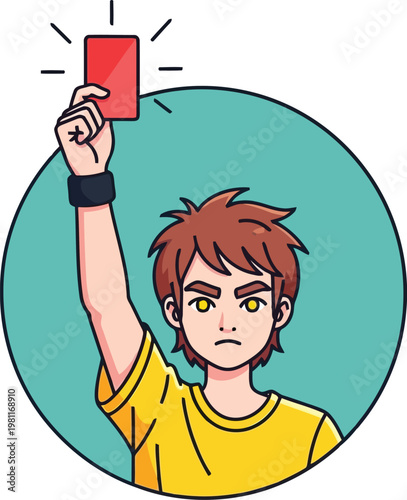 A pixel art illustration of a young referee with brown hair holding up a red card in a circle.