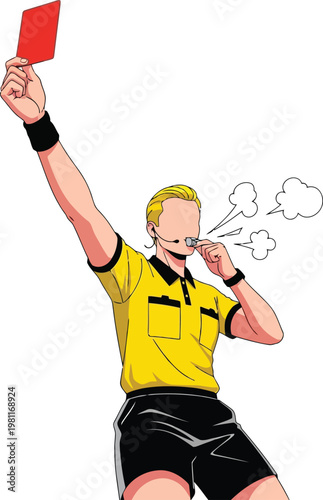 Soccer referee blowing a whistle and holding up a red card against a white background