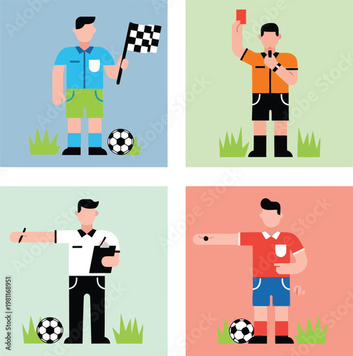 Flat vector illustration set of soccer referees and officials in various poses and uniforms