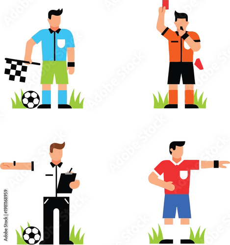 Illustration set of soccer referees and officials in various poses and uniforms