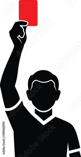 A black silhouette of a sports referee holding up a red card as a penalty sign on white.
