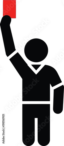 A black stick figure of a referee holding up a red card to signal a penalty or expulsion.
