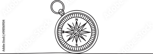 Continuous one line drawing of traveller compass. One line drawing illustration of compass navigate and adventure. one line drawing vector illustration