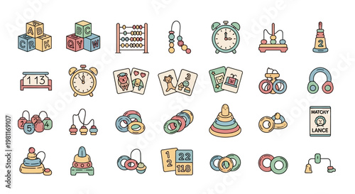 Colorful baby toys and objects.
