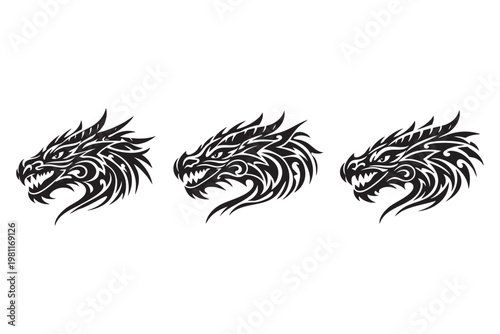 Three black dragon heads tribal tattoo designs