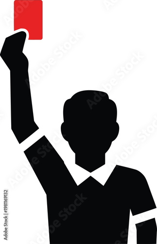 Black silhouette of a referee holding up a red card to signal a penalty in a game