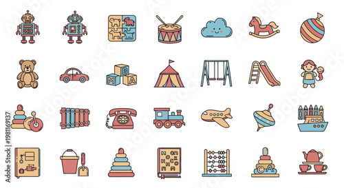 Colorful toy icons for children.