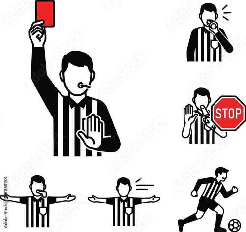 Soccer referee icons showing various signals including red card, whistle blowing, and foul calls