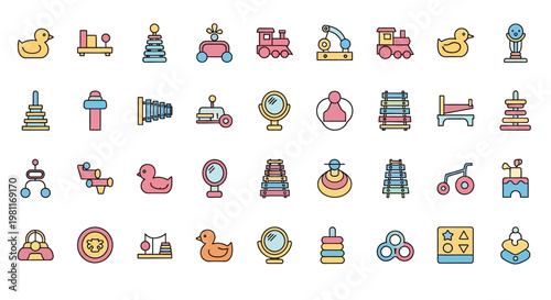 Colorful icons of baby toys and objects.