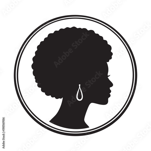 Elegant silhouette of a woman with afro hair in a circular frame