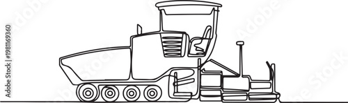 continuous line of an asphalt paver or asphalt finisher. This tool functions to spread and level the hot asphalt mixture. one line drawing vector illustration