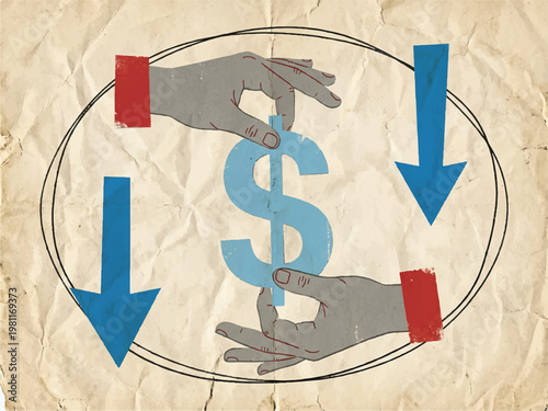 Financial exchange hands holding a blue dollar sign symbol with downward trending blue arrows on a crumpled textured paper background representing economic fluctuations and money transfer concepts