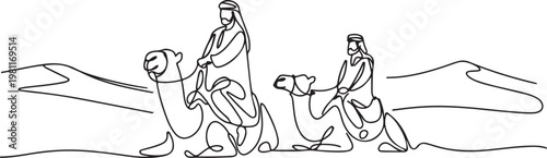 Arab men riding camels in desert. one line drawing vector illustration