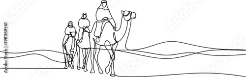 Arab men riding camels in desert. one line drawing vector illustration