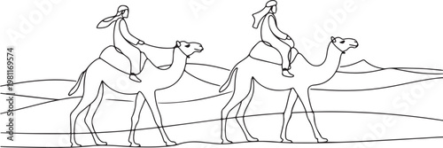 Arab men riding camels in desert. one line drawing vector illustration
