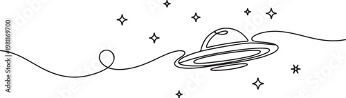 one continuous line drawing of a ufo flying in space with stars. one line drawing vector illustration