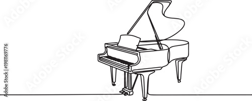Grand piano one line art. Continuous line drawing of classical, musician, acoustic, piano, chord, antique, music, keyboard, concert. one line drawing vector illustration