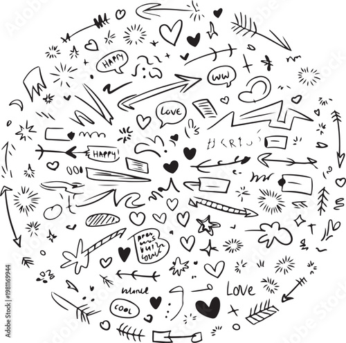 Black and white doodle circle with hearts and love symbols