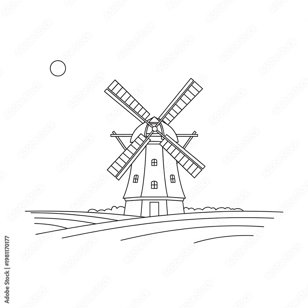 Obraz premium Traditional European Windmill Line Art - Rural Landscape with Sun & Fields Outline