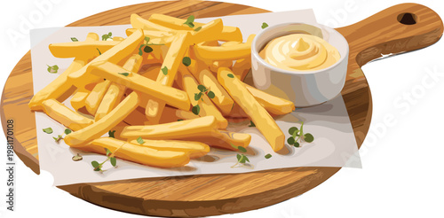 French fries served on wooden board with dipping sauce isolated on white background for fast food and snack design