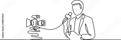 Continuous line drawing live news template with microphone interviewers icon vector illustration concept. one line drawing vector illustration