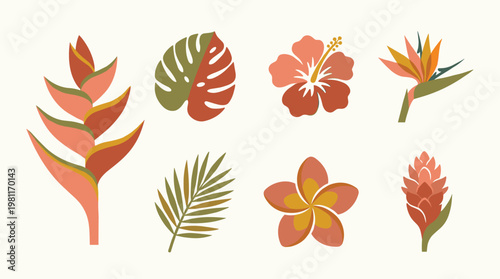Tropical flowers and leaves.