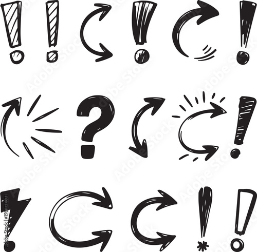 Variety of hand drawn punctuation marks and arrows