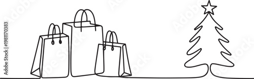 Shopping bags and Christmas tree in one continuous line drawing. Black Friday sale with paper package in simple. one line drawing vector illustration