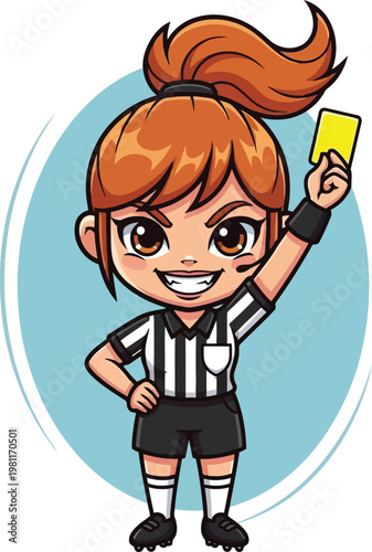 Cartoon illustration of a young female referee holding up a yellow card in a sports game.