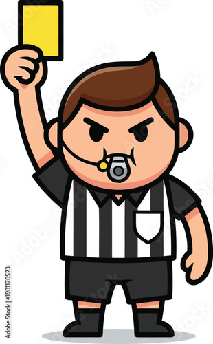 Cute cartoon referee character holding up a yellow card and blowing a whistle on white background