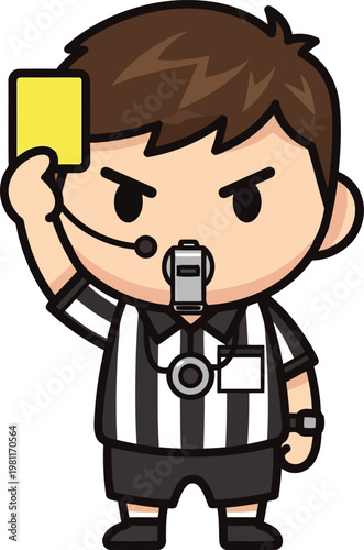Cartoon referee character in black and white uniform holding a yellow penalty card
