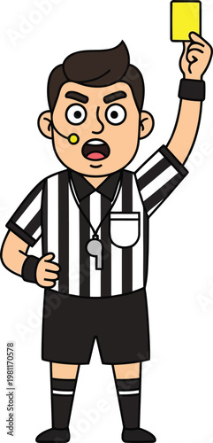 Cartoon illustration of a referee holding up a yellow card for a penalty on a white background.