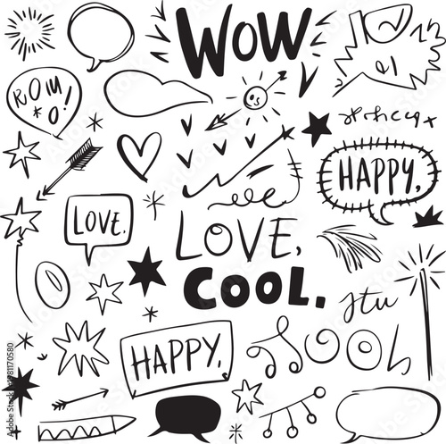 Black and white doodle illustrations with happy and cool words