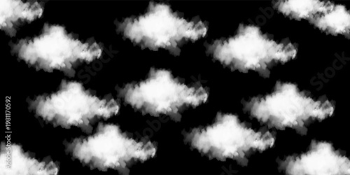 Isolated cloud collection on black background. Set of different types of clouds. Design. Fog. Haze. Clouds. Abstract clouds. Fog over the sky. Fluffy white cloud texture.