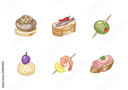 Spanish Tapas and Mediterranean Appetizers with Inky Pencil Texture and Crayon Colorful Aesthetic