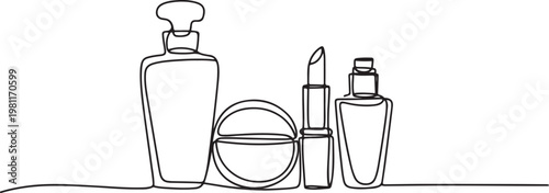 Continuous one line drawing of cosmetics bottle packaging set. one line drawing vector illustration