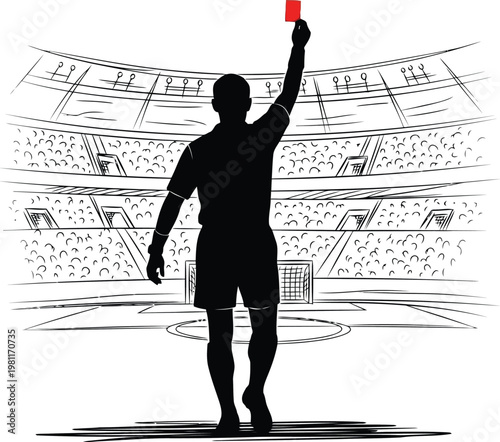 Silhouette of a soccer referee holding up a red card in a stadium during a football match