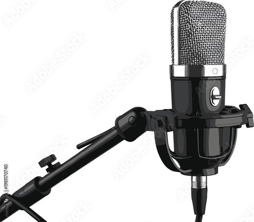 Vector Illustration of a Professional Microphone with Shock Mount and Arm for Podcasting and Audio Recording