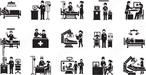 A collection of black and white icons depicting various medical professionals and patients in different healthcare settings and scenarios
