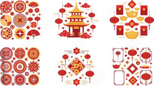 Chinese New Year Decorative Elements Set with Lanterns Pagoda Gold Ingots and Traditional Asian Ornaments for Festival Celebration Design Collection