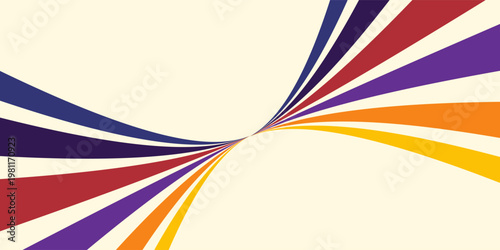 Abstract colorful 70s background vector. Vintage retro wallpaper with rainbow stripes and wavy lines. A 1970 color illustration suitable for posters, banners, decorative items and wall art.
