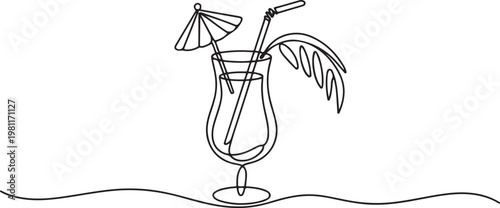 cocktail drink with straw and palm vector line art monoline one line drawing vector illustration