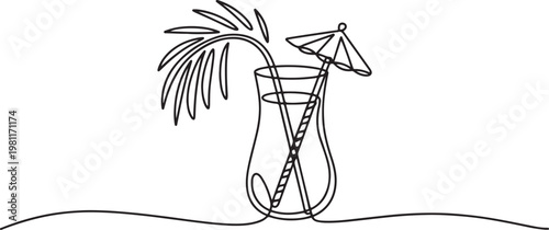 cocktail drink with straw and palm vector line art monoline one line drawing vector illustration