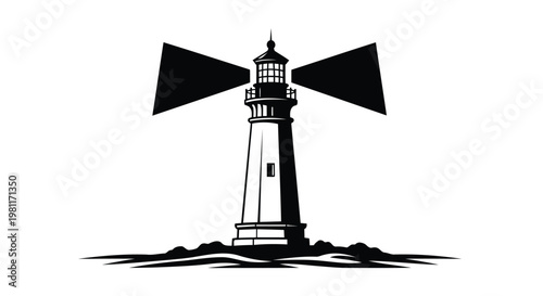 A black and white illustration of a lighthouse on a rocky coastline