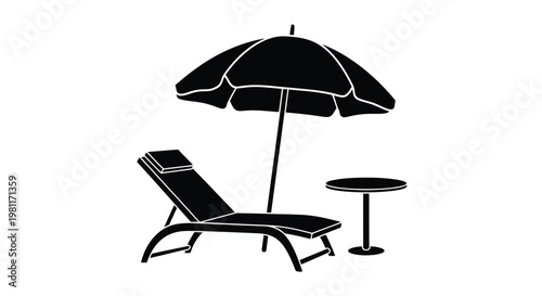 A beach chair with an umbrella and side table