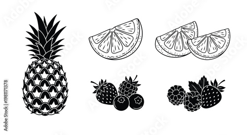 A black and white illustration of a pineapple and slices of citrus fruits