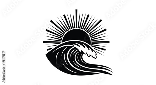A black and white wave with the sun in the background