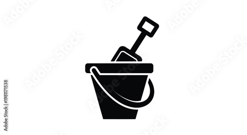 A black bucket with a shovel